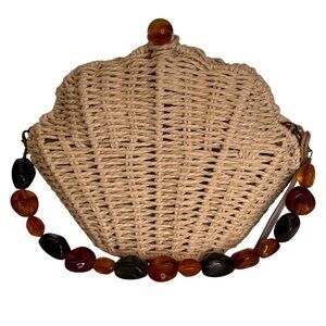 Sun n Sand Woven Shell Clutch Handbag with Amber Beaded Strap - NWT
